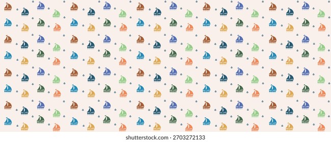Seamless boat pattern. Idea for fabric, tablecloth pattern, wrapping paper, gift paper. Print ditsy. Motives are scattered randomly. pattern for boys. cute pattern.