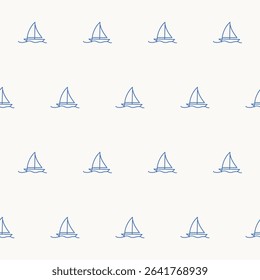 Seamless Boat Ship Textile Print Pattern. Mediterranean Atmosphere. Travel Vacation Rest Theme. Summer Resort Fabric Swatch Doodle Line Art Hand Crafted Decoration. Simple Sketch Outline Drawing.