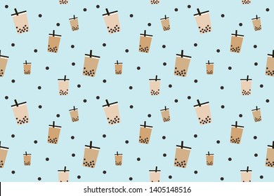 Seamless Boba tea on blue background, bubble tea, milk tea with black pearl, is a Taiwanese tea-based drink with chewy tapioca ball which also known as pearls, or bobals. It's very popular in Asia. 