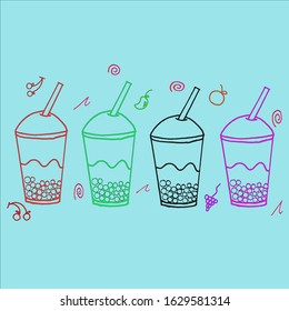 Seamless Boba tea on blue background, bubble tea, milk tea with black pearl, is a Taiwanese tea-based drink with chewy tapioca ball which also known as pearls, or bobals. It's very popular in Asia.