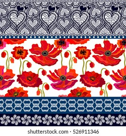 Seamless bohemian border with poppies. Vector pattern inspired by traditional gypsy costumes. Lace print, floral ornaments, geometric motifs. Folk art textile design collection. Red, pink, white.