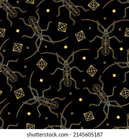 Patrón bohemio de oro sin foco de escarabajos y diamantes. Patrón dorado con escarabajos. Ilustración del vector