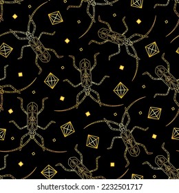 Seamless bohemian golden pattern of beetles and diamonds. Golden pattern with beetles. Vector illustration