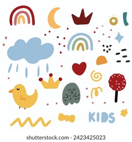 Seamless Bohemian Nursery Abstract Pattern Childish Drawing with cute duck rainbow tree cloud crown abstract shape for nursery decor wallpaper textile print fabric wrapping paper