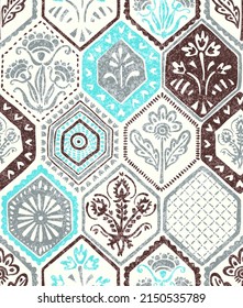 Seamless bohemian patchwork pattern. Vintage tile print. Ethnic and tribal motifs. Handmade. Vector illustration.