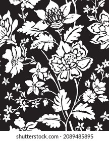 Seamless Bohemian Pattern. Ethnic Flowers, Folk Elements. Stamped Illustrated Flowers Artistic Design For Fashion Or Interior, In Black And White.