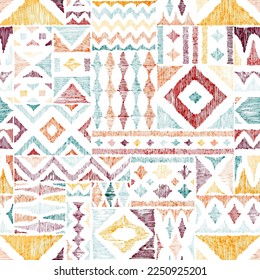 Seamless bohemian pattern. Geometric vintage ornament. Patchwork print for home decor, pillows, blankets, carpets. Vector illustration.