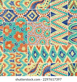 Seamless bohemian pattern. Grunge vintage texture. Ornament in the style of patchwork. Vector illustration.