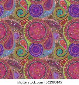 Seamless bohemian pattern with paisley and geometric symbols. Colorful ethnic ornament, bright print. Vector background. Use for wallpaper, textile design.