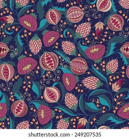 Seamless Bohemian Pomegranate Floral Pattern. Vector Illistration. 