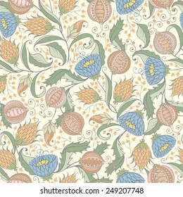 Seamless Bohemian Pomegranate Floral Pattern. Vector Illistration. 