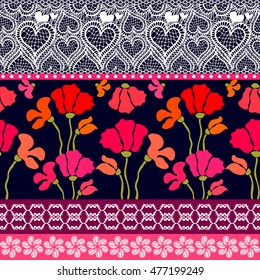Seamless bohemian style border with retro poppies pattern inspired by traditional gypsy costumes. Lace print, floral ornaments, geometric motifs. Folk art textile design collection. Red, pink, black.
