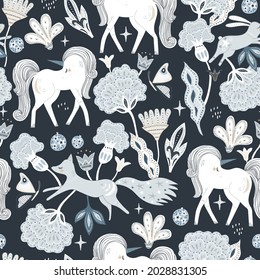 Seamless bohemian style pattern with hand drawn unicorn, fox, stars, bunny and flowers. Vector illustration