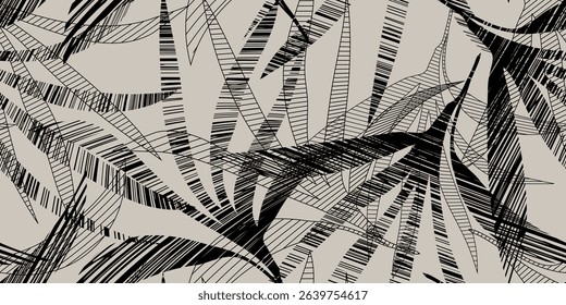 Seamless boho abstract pattern, exotic floral leaf botanical art, geometric grunge garden leaves. Fashionable fabric fashion graphic background, decor design.