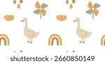 Seamless boho baby pattern with cute ducks, rainbows and floral shapes in muted beige and orange colors. Perfect for baby textile.
