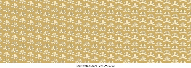 Seamless boho baby pattern with rainbows. Cute gold childish vector background perfect for nursery prints, textiles, wrapping paper, stationery, and adorable kids room designs.
