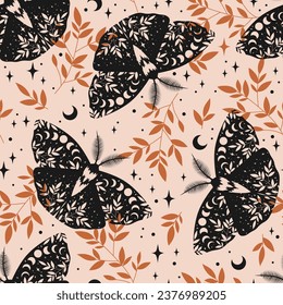 Seamless boho butterflies vector pattern. Herbs, stars. Bohemian fabric design. Contemporary composition.