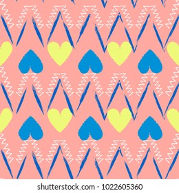 Seamless boho chic heart shape pattern for Valentine's day. Vector pattern with Ethnic and tribal motifs.