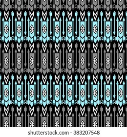 Seamless boho chic pattern with ethnic aztec motives. Hipster abstract wallpaper with the arrows. Black background.