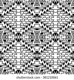 Seamless boho chic pattern with mexican aztec motives. Hipster wallpaper with tribal design. Black and white.