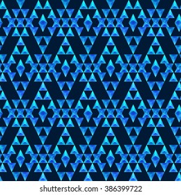 Seamless boho chic pattern with tribal aztec ornament. Made in low poly triangular style. Blue sapphire gemstone imitation.
