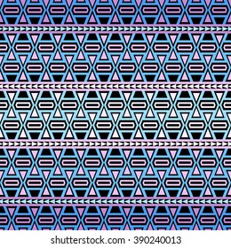 Seamless boho chic pattern with tribal aztec ornament.  Gradient colored ethnic wallpaper. Black background.