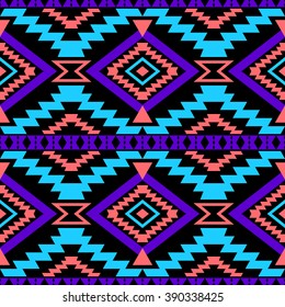 Seamless boho chic pattern with tribal aztec motives. Abstract vector wallpaper in ethno style. Black background.