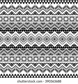 Seamless boho chic pattern with tribal aztec ornament. Modern folk style wallpaper. Black and white. Hand drawn abstract vector illustration.