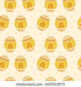 Seamless boho Easter egg pattern with rainbow. Bohemian orange pattern colored