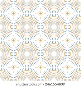 Seamless boho ethnic pattern with abctract sun and star. Tribal illustration on white background. Surface cover design. Fabric textile print.
