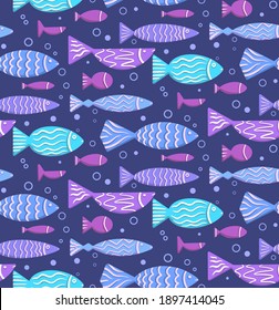 Seamless boho flat pattern with doodle fishes and bubbles floating to the right on blue background. Underwater lagoon world. Vector child texture for fabrics, wallpapers and your creativity