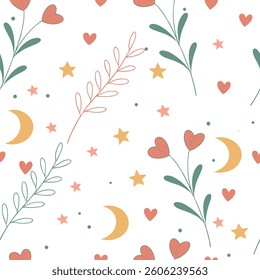 Seamless Boho Floral and Celestial Pattern Mystical Moon and Starry Botanical Design