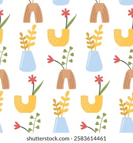 Seamless Boho Floral Pattern with Abstract Vases and Flowers – Modern Botanical Design for Fabric, Wallpapers, and Home Decor