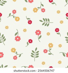 Seamless boho floral pattern. Cute cartoon flower and leaves. Natural farmhouse style. Spring or summer print for fabric, wrapping, textile, wallpaper, card, paper gift, phone case, stationery.