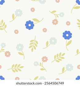 Seamless boho floral pattern. Cute cartoon flower and leaves. Natural farmhouse style. Spring or summer print for fabric, wrapping, textile, wallpaper, card, paper gift, phone case, stationery.