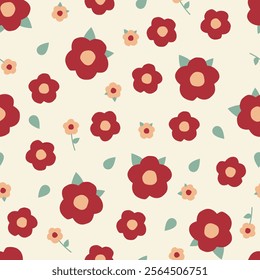 Seamless boho floral pattern. Cute cartoon flower and leaves. Natural farmhouse style. Spring or summer print for fabric, wrapping, textile, wallpaper, card, paper gift, phone case, stationery.