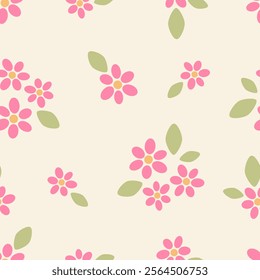 Seamless boho floral pattern. Cute cartoon flower and leaves. Natural farmhouse style. Spring or summer print for fabric, wrapping, textile, wallpaper, card, paper gift, phone case, stationery.