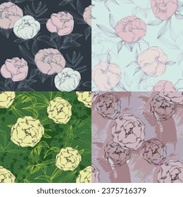 Seamless boho floral pattern with peony flowers. Retro collage pattern. Contemporary print for wedding stationary, greetings, wallpapers, fashion, backgrounds, textures, DIY, wrappers, cards