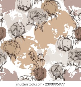 Seamless boho floral pattern with peony flowers. Retro collage pattern. Contemporary print for wedding stationary, greetings, wallpapers, fashion, backgrounds, textures, DIY, wrappers, cards
