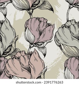 Seamless boho floral pattern with peony flowers. Retro collage pattern. Contemporary print for wedding stationary, greetings, wallpapers, fashion, backgrounds, textures, DIY, wrappers, cards
