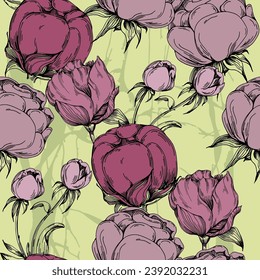 Patrón floral de boho sin foco con flores de peonía. Patrón de collage retro. Impresión contemporánea para papel de boda, saludos, fondos de escritorio, moda, fondos, texturas, DIY, envolturas, tarjetas