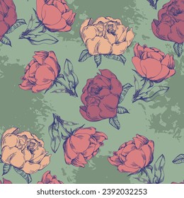 Seamless boho floral pattern with peony flowers. Retro collage pattern. Contemporary print for wedding stationary, greetings, wallpapers, fashion, backgrounds, textures, DIY, wrappers, cards