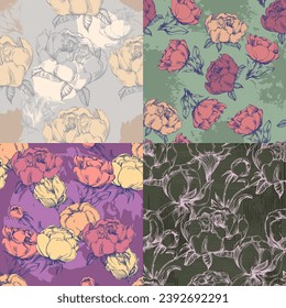 Seamless boho floral pattern with peony flowers. Retro collage pattern. Contemporary print for wedding stationary, greetings, wallpapers, fashion, backgrounds, textures, DIY, wrappers, cards