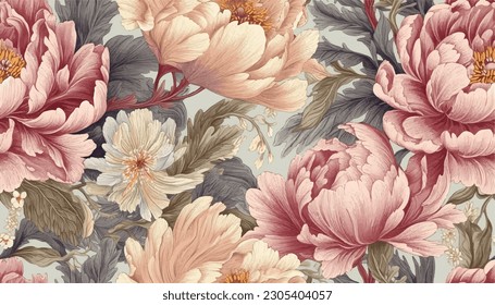 Seamless boho floral pattern with pink peony flowers. Retro collage pattern. Contemporary print for wedding stationary, greetings, wallpapers, fashion, backgrounds, textures, DIY, wrappers, cards