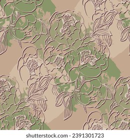 Patrón floral boho sin foco con flores de peonía rosada. Patrón de collage retro. Impresión contemporánea para papel de boda, saludos, fondos de escritorio, moda, fondos, texturas, DIY, envolturas, tarjetas