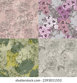 Seamless boho floral pattern with pink peony flowers. Retro collage pattern. Contemporary print for wedding stationary, greetings, wallpapers, fashion, backgrounds, textures, DIY, wrappers, cards