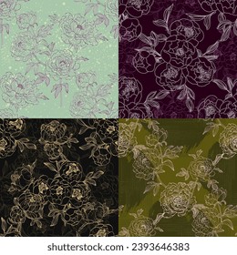 Patrón floral boho sin foco con flores de peonía rosada. Patrón de collage retro. Impresión contemporánea para papel de boda, saludos, fondos de escritorio, moda, fondos, texturas, DIY, envolturas, tarjetas