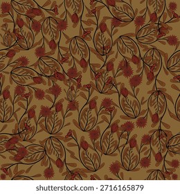 Seamless Boho floral pattern in rich red tones, featuring detailed botanical motifs with a warm, vintage-inspired Bohemian charm. The continuous, tileable design makes it perfect for textiles, wallpapers, packaging, fabric prints, home décor, and any creative project that needs a stylish, expressive, and handcrafted boho aesthetic.