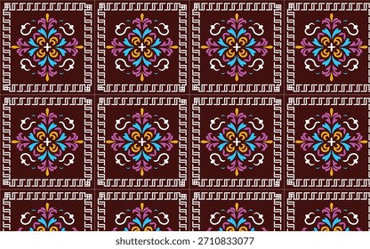 Seamless Boho Floral Tile Pattern with Geometric Border