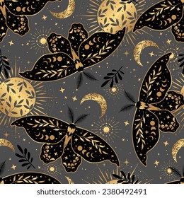 Seamless boho gold butterflies vector pattern. Herbs, stars. Bohemian fabric design. Contemporary composition.